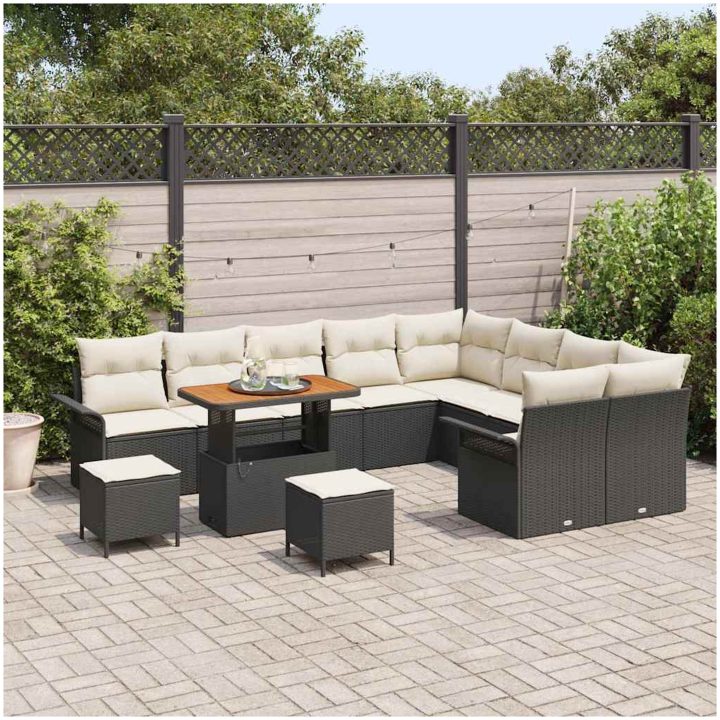 12-delars trädgårdsoff set med kuddar svart poly rattan akacia vidaXL Stor – bild 3