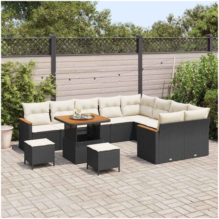 12-delars trädgårdsoff-set med kuddar svart poly rattan akacia vidaXL Stor – bild 3