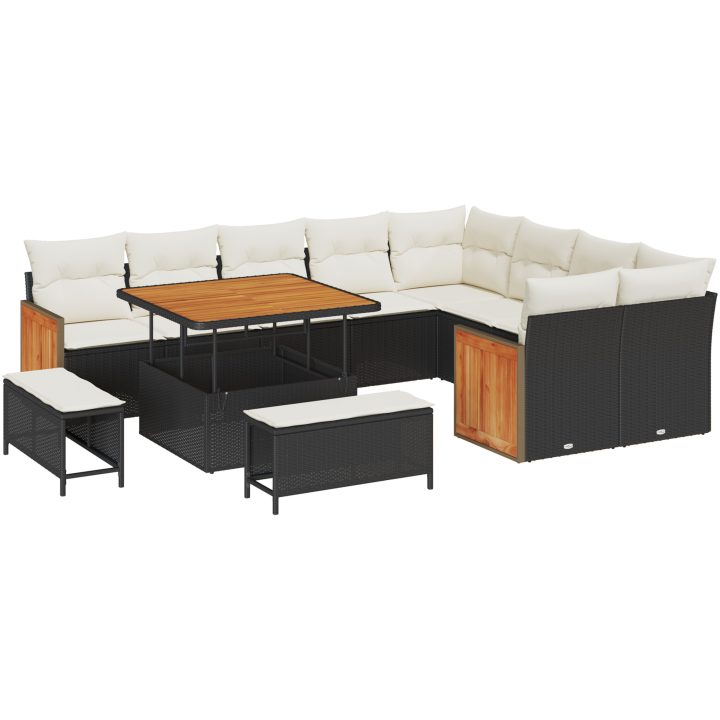 12 Delars Trädgårdsoff Set Med Kuddar Svart Poly Rattan Akaciaträ vidaXL Stor – bild 2