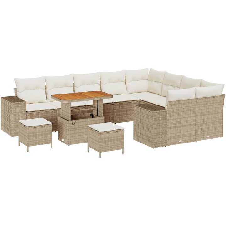 12-delars trädgårdsoffagrupp med kuddar beige i Poly Rattan och akacia vidaXL Stor – bild 2