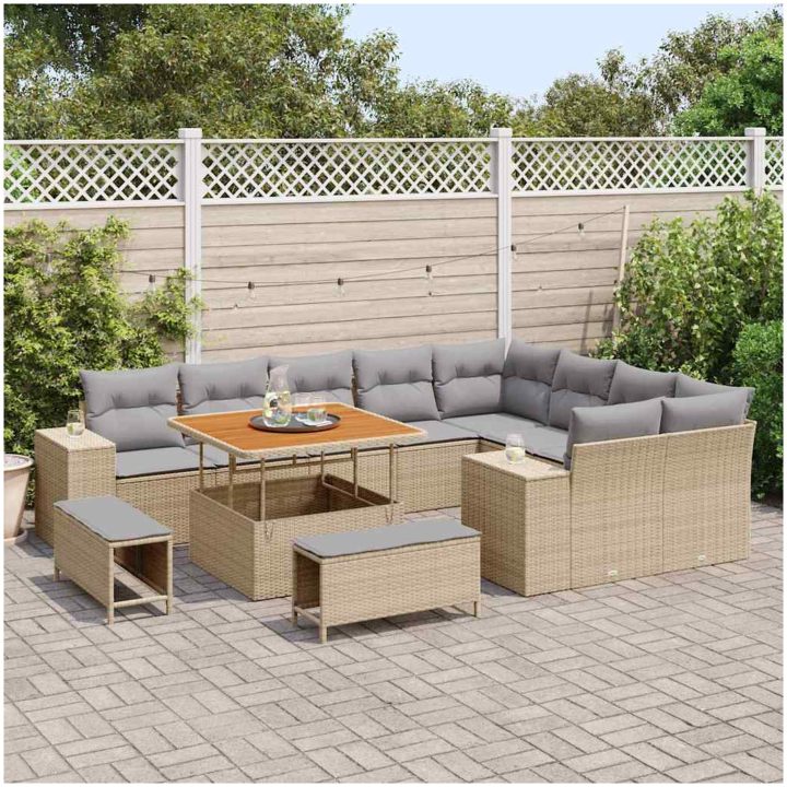 12-delars trädgårdsoffagrupp med kuddar Beige Poly Rattan Akacia vidaXL Stor – bild 3
