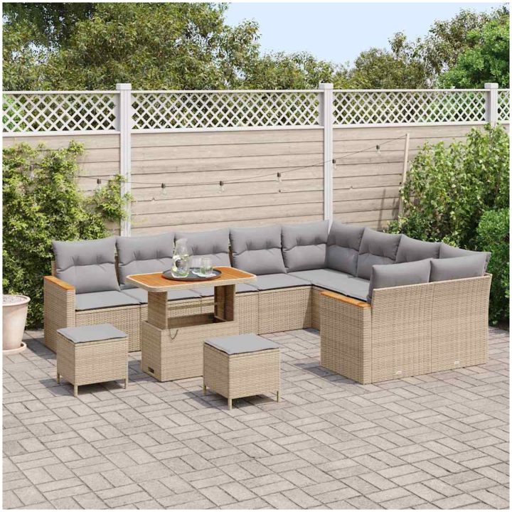 12-delars trädgårdsoffagrupp med kuddar Beige Poly Rattan vidaXL Stor – bild 3