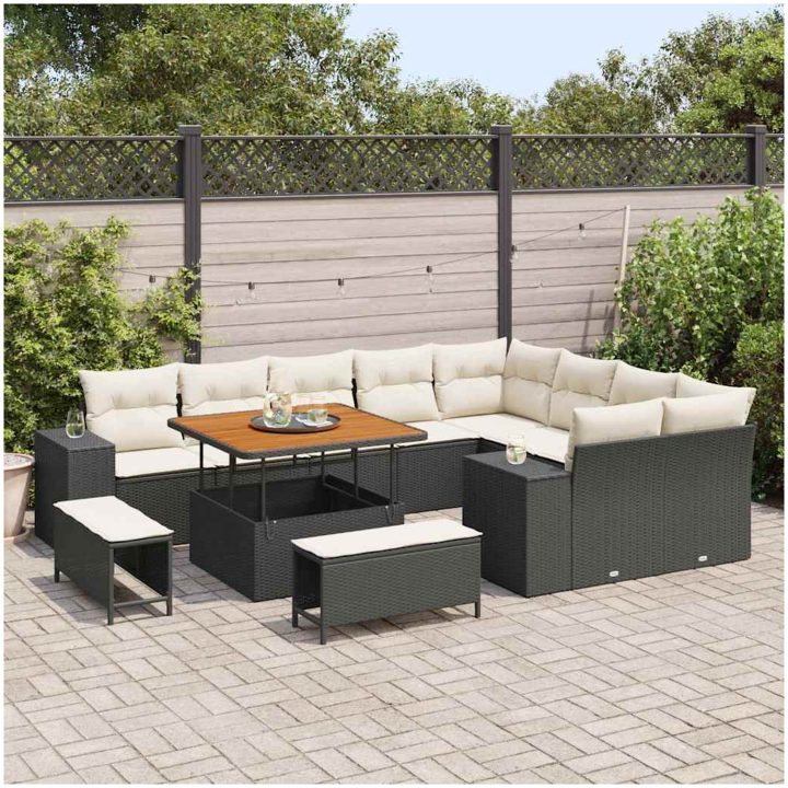 12-delars trädgårdsoffagrupp med kuddar svart poly-rattan acacia vidaXL Stor – bild 3