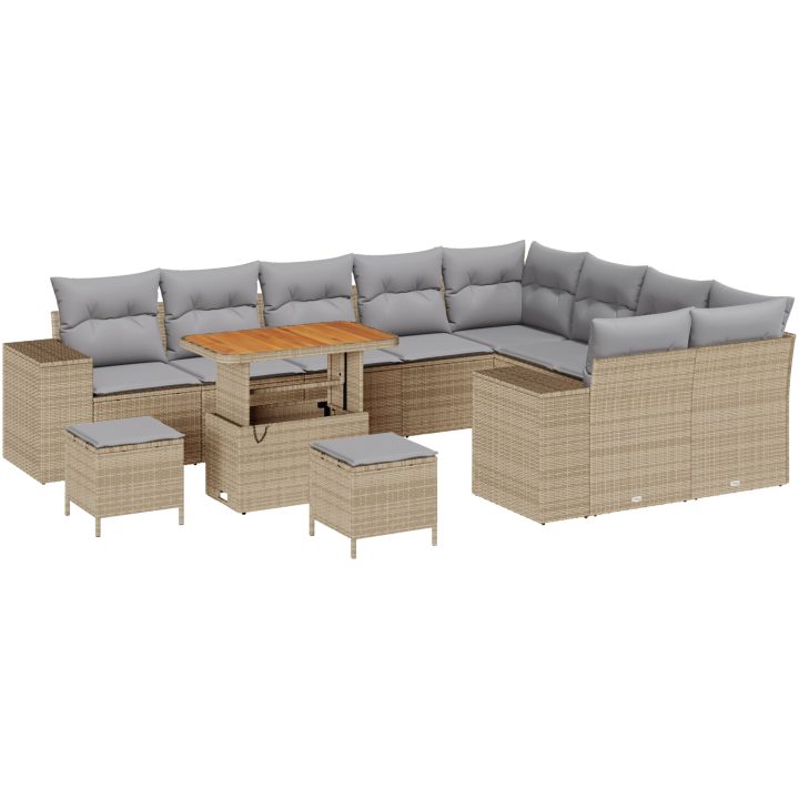 12-delars trädgårdsoffaset med kuddar Beige Poly Rattan Akacia vidaXL Stor – bild 2