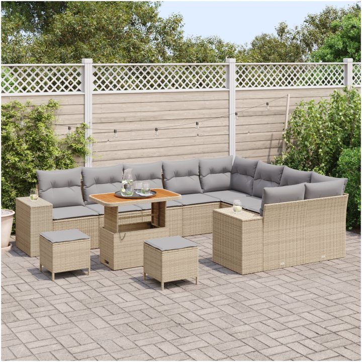 12-delars trädgårdsoffaset med kuddar Beige Poly Rattan Akacia vidaXL Stor – bild 3
