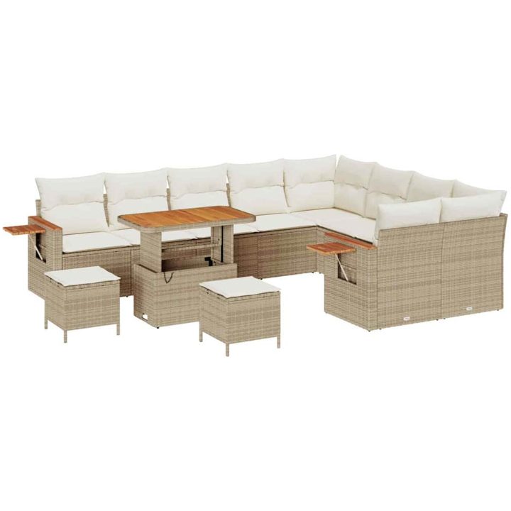 12 Delars trädgårdsoffaset med kuddar beige Poly Rattan Akacia vidaXL Stor – bild 2