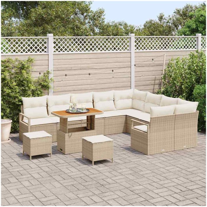 12-delars trädgårdsoffasett med kuddar beige poly rattan akacia vidaXL Stor – bild 3