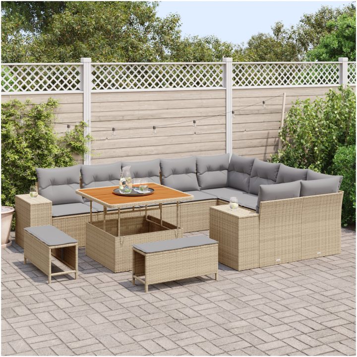 12-delars trädgårdsoffasett med kuddar Beige Poly rotting Akacia vidaXL Stor – bild 3
