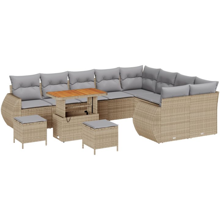 12-delars trädgårdsoffset med kuddar beige poly rattan akacia vidaXL Stor – bild 2