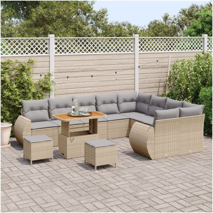 12-delars trädgårdsoffset med kuddar beige poly rattan akacia vidaXL Stor – bild 3