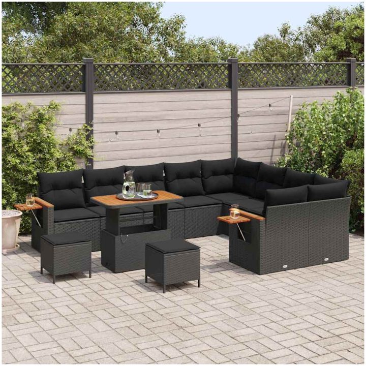 12-delars trädgårdsoffset med kuddar svart polyrattan akacia vidaXL Stor – bild 3
