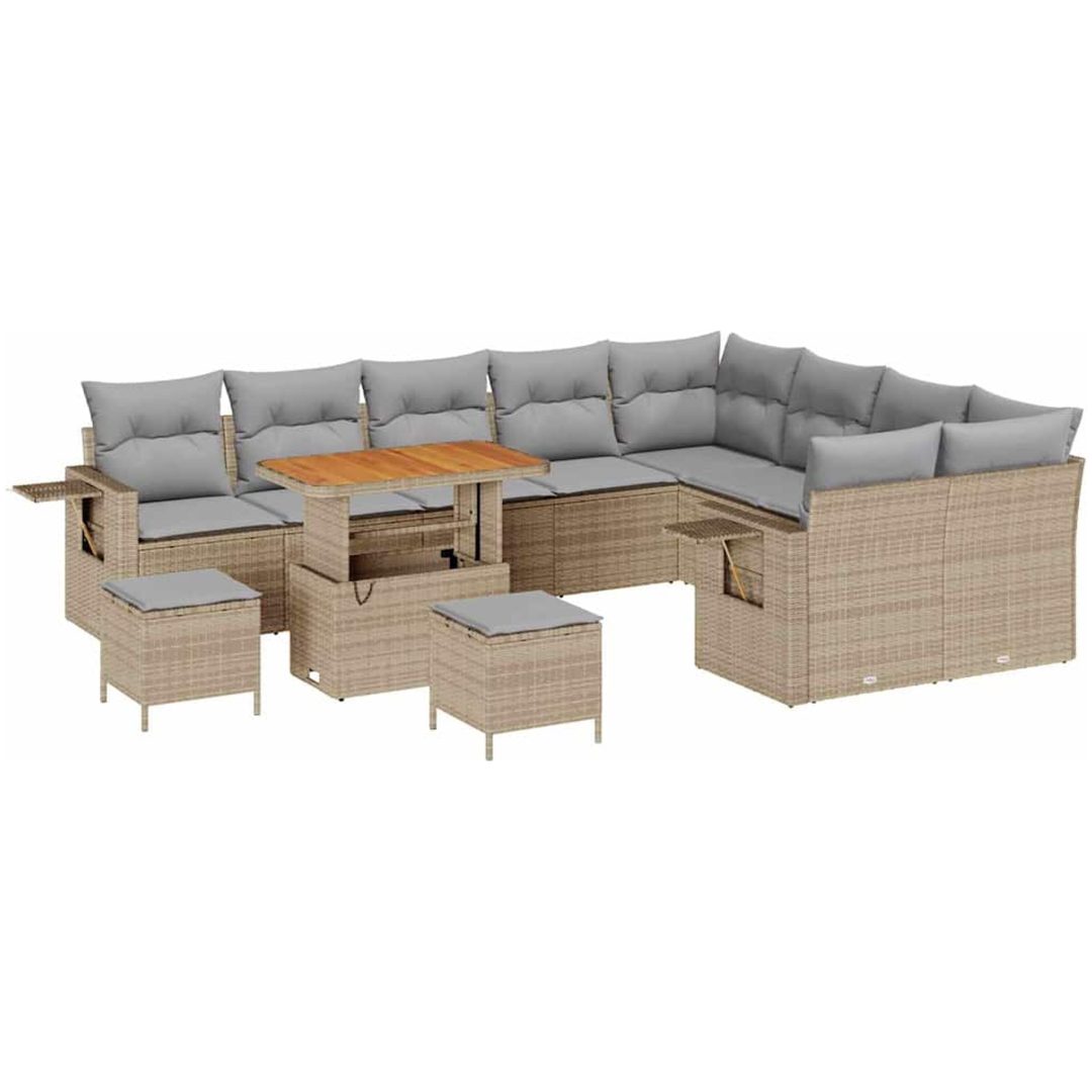 12-delars trädgårdssoffa set med kuddar beige poly rotting akacia vidaXL Stor – bild 2