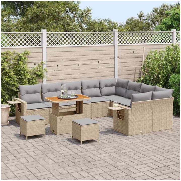 12-delars trädgårdssoffa set med kuddar beige poly rotting akacia vidaXL Stor – bild 3