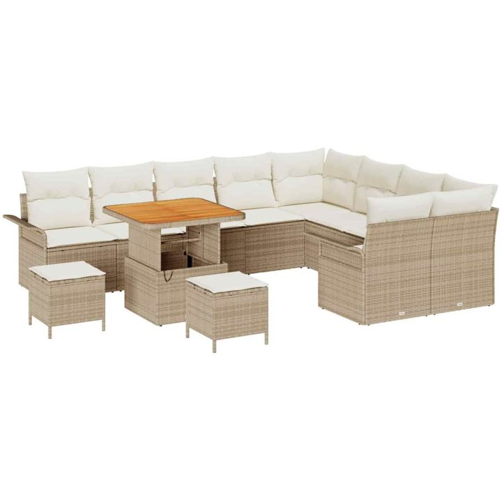 12-delat Trädgårdsoff set med kuddar Beige Poly Rotting Akacia vidaXL Stor – bild 2