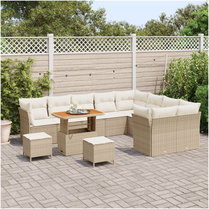 12-delat trädgårdsoffaset med kuddar beige poly rattan akacia vidaXL Större – bild 3
