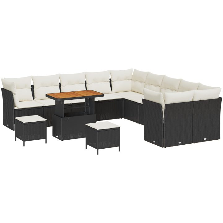13 Bitars Trädgårdsoffa Set med Kuddar Svart Poly Rattan Akacia vidaXL Stor – bild 2