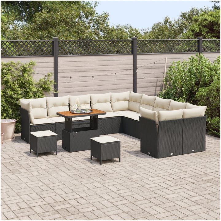 13 Bitars Trädgårdsoffa Set med Kuddar Svart Poly Rattan Akacia vidaXL Stor – bild 3