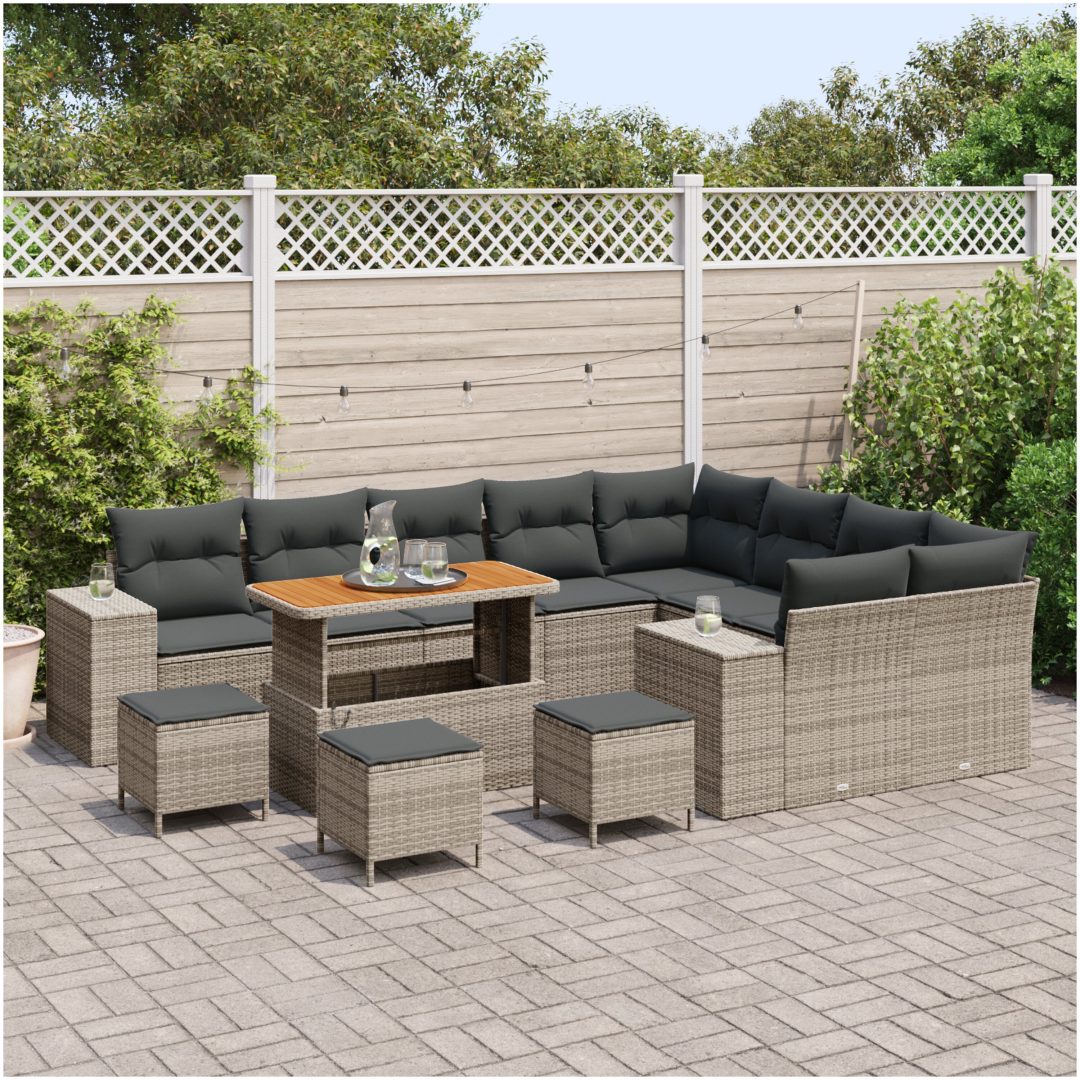13-delad trädgårdsoff set med kuddar grå poly rattan akacia vidaXL Stor – bild 3