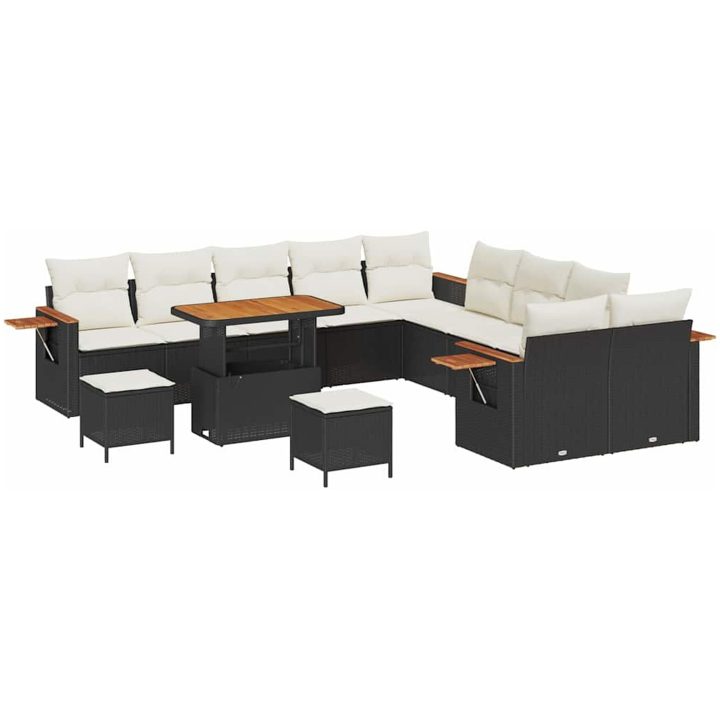 13-delad trädgårdsoff-set med kuddar svart poly rattan akacia vidaXL Stor – bild 2