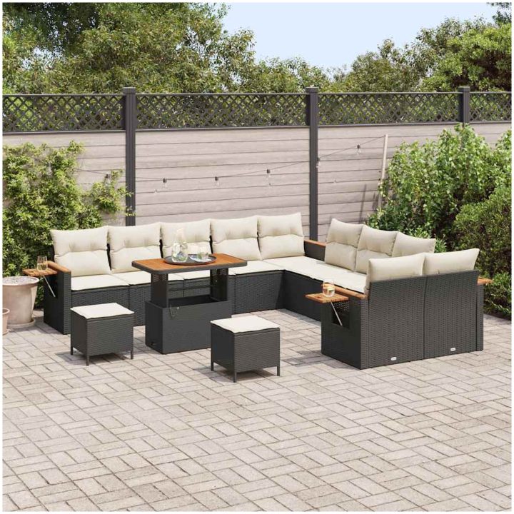 13-delad trädgårdsoff-set med kuddar svart poly rattan akacia vidaXL Stor – bild 3