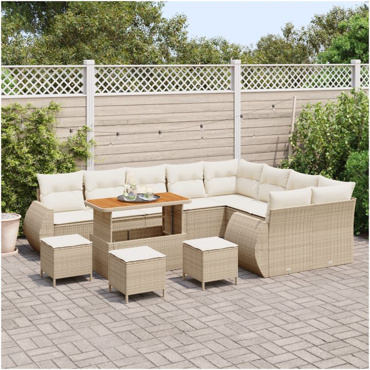 13-delad Trädgårdsoffasett med Kuddar Beige Poly Rattan Akacia vidaXL Stor – bild 3