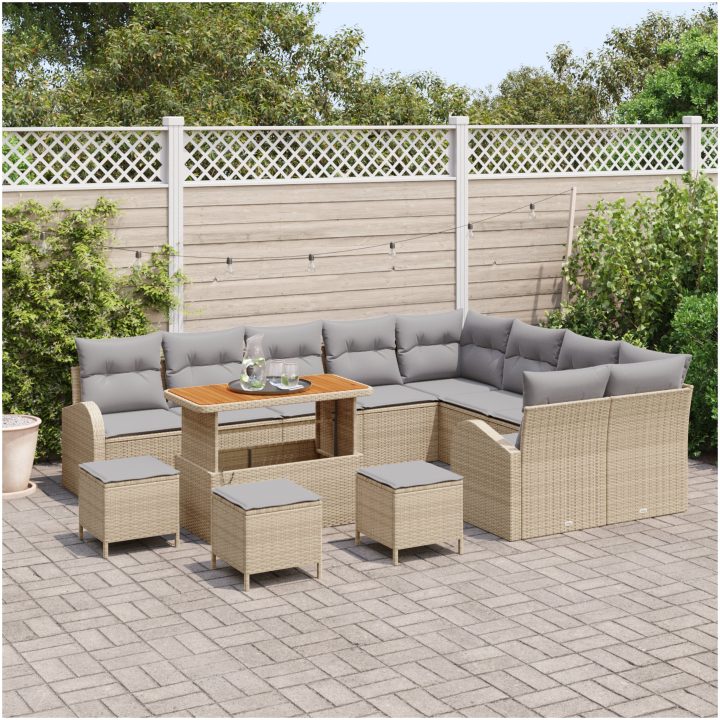 13-delad trädgårdsoffasett med kuddar beige poly rotting akacia vidaXL Medium – bild 3