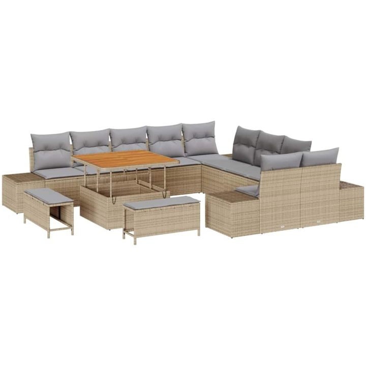 13-delad Trädgårdsoffset med Kuddar Beige Poly Rattan Akacia vidaXL Stor – bild 2