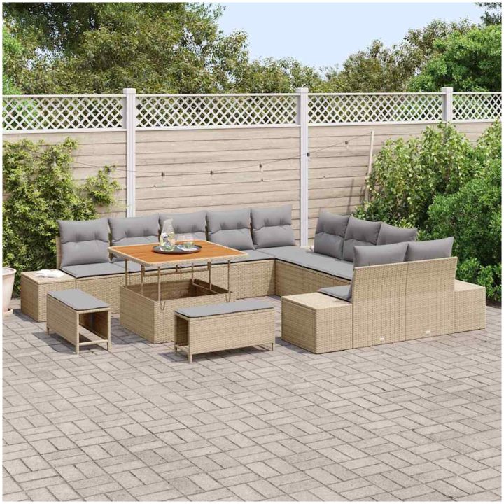 13-delad Trädgårdsoffset med Kuddar Beige Poly Rattan Akacia vidaXL Stor – bild 3