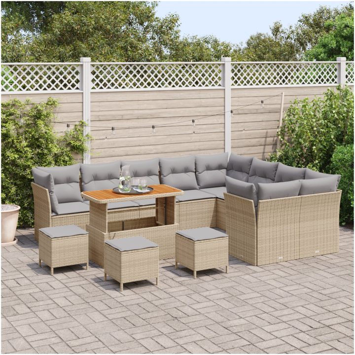 13-delad trädgårdssoffgrupp med kuddar Beige Poly Rattan Akacia vidaXL Stor – bild 3