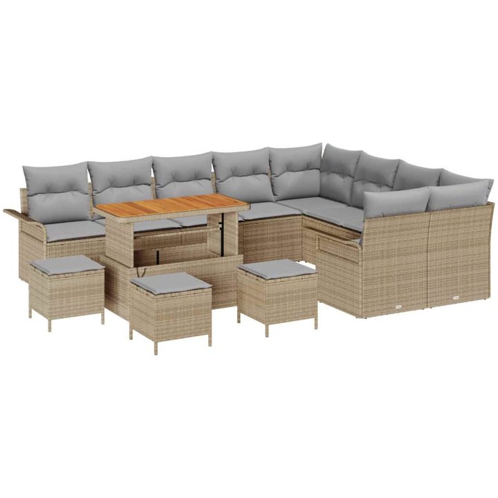 13-delad trädgårdssoffgrupp med kuddar Beige Polyrotting Akacia vidaXL 141 x 61.5 x 69 cm, 3 - Sits, enkel, 110 cm – bild 2