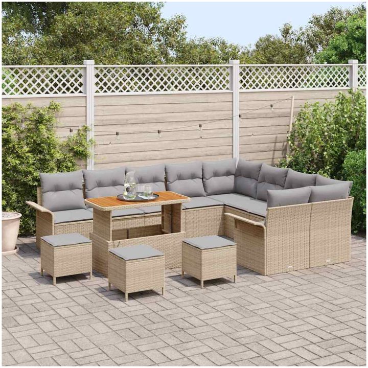 13-delad trädgårdssoffgrupp med kuddar Beige Polyrotting Akacia vidaXL 141 x 61.5 x 69 cm, 3 - Sits, enkel, 110 cm – bild 3