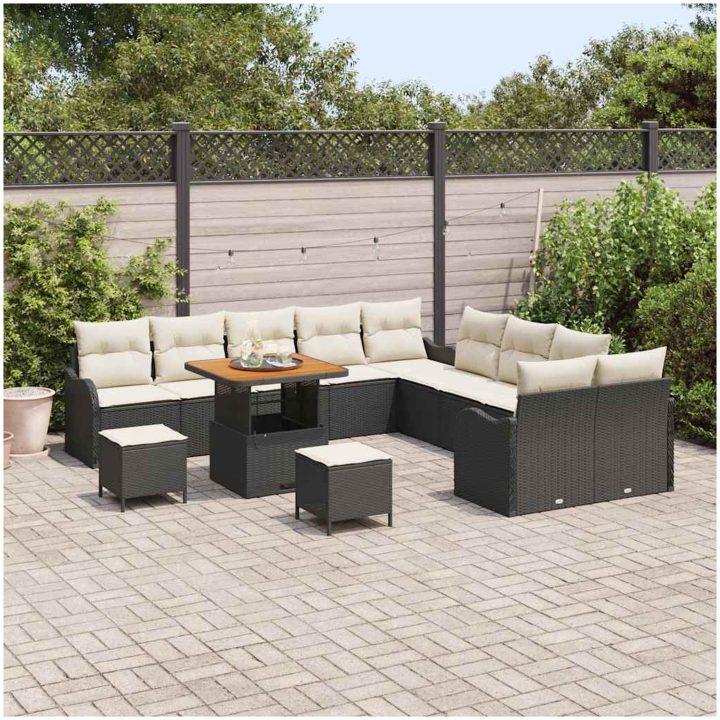 13-delad trädgårdssoffgrupp med kuddar Black Poly Rattan Acacia vidaXL Stort – bild 3