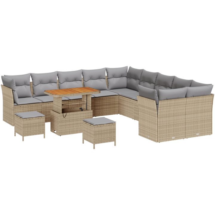 13 Delar Trädgårdsoff Set med Kuddar Beige Poly Rattan Akacia vidaXL Stor – bild 2