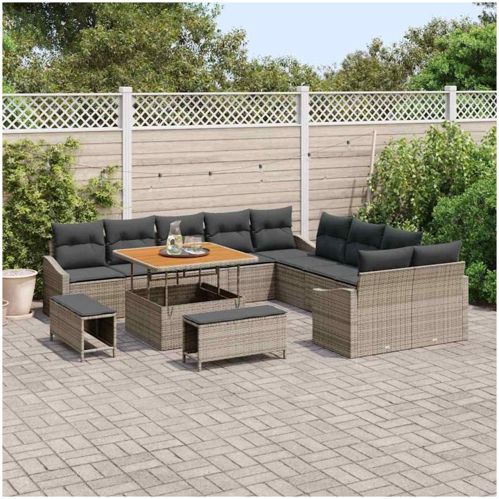 13 Delar Trädgårdsoffa Set med Kuddar Grå Poly Rattan Akacia vidaXL Större – bild 3