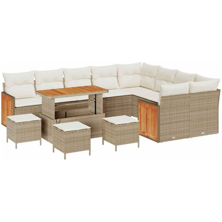 13 Delar Trädgårdsoffagrupp med Kuddar Beige Poly Rattan Akacia vidaXL Stor – bild 2