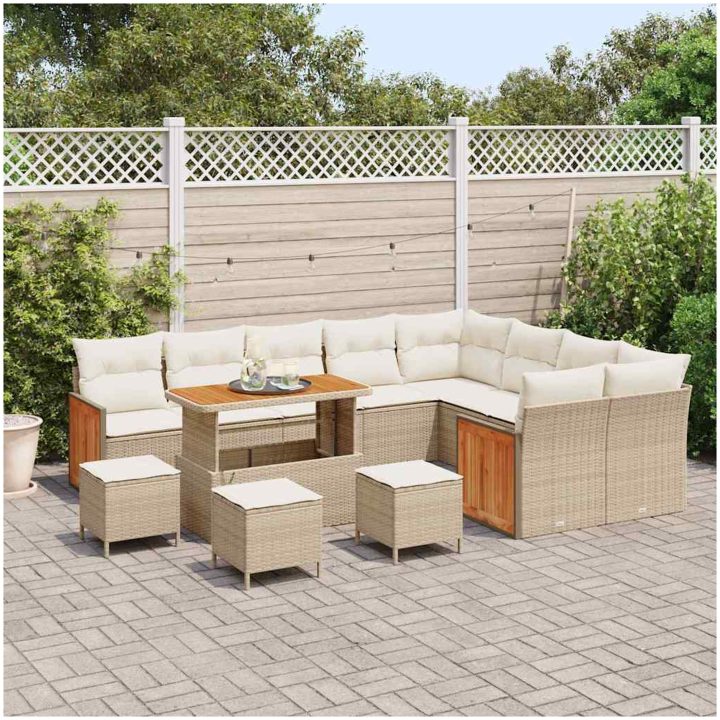 13 Delar Trädgårdsoffagrupp med Kuddar Beige Poly Rattan Akacia vidaXL Stor – bild 3
