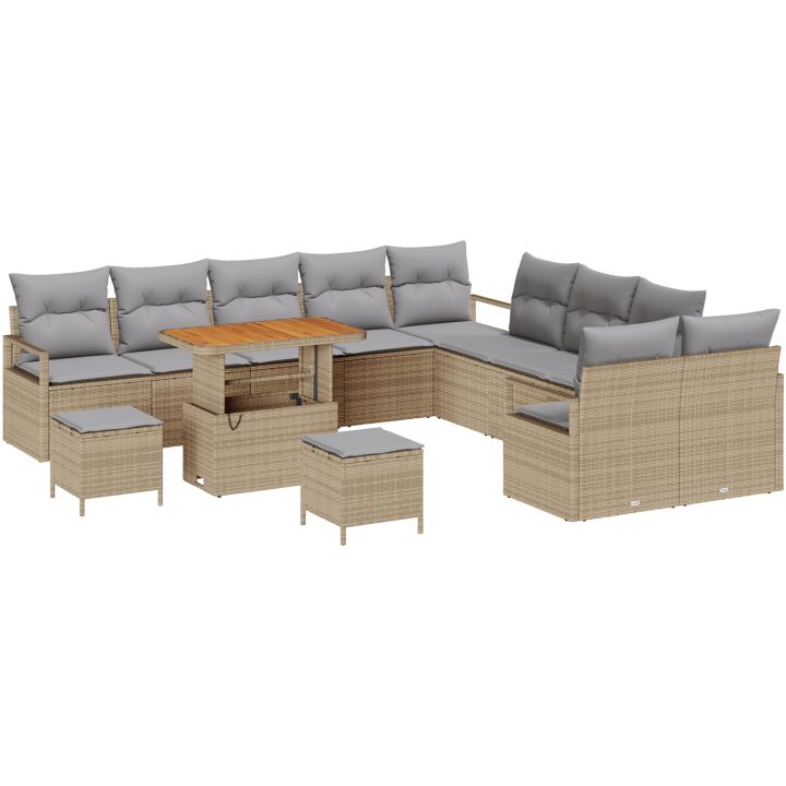 13 Delar Trädgårdssoffa Set med kuddar Beige Poly Rattan Akacia vidaXL Stor – bild 2