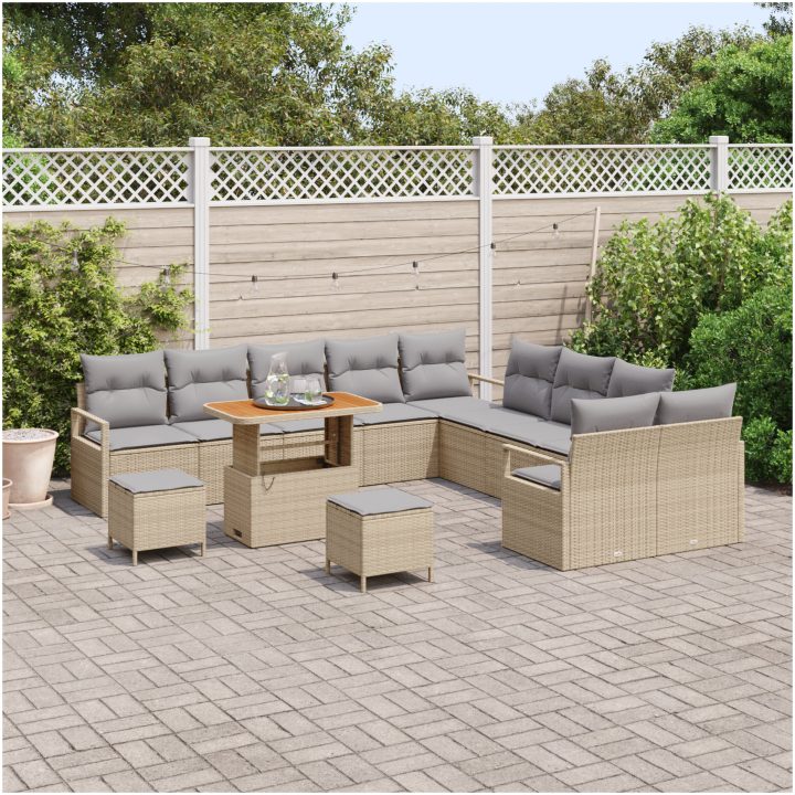 13 Delar Trädgårdssoffa Set med kuddar Beige Poly Rattan Akacia vidaXL Stor – bild 3