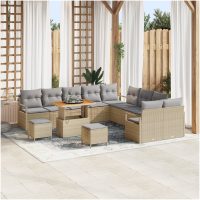 13 Delar Trädgårdssoffa Set med kuddar Beige Poly Rattan Akacia vidaXL