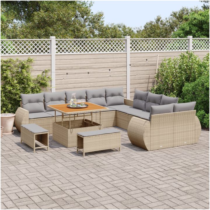 13 Delars Trädgårdsofa Set med Kuddar Beige Poly Rattan Akacia vidaXL Stor – bild 3