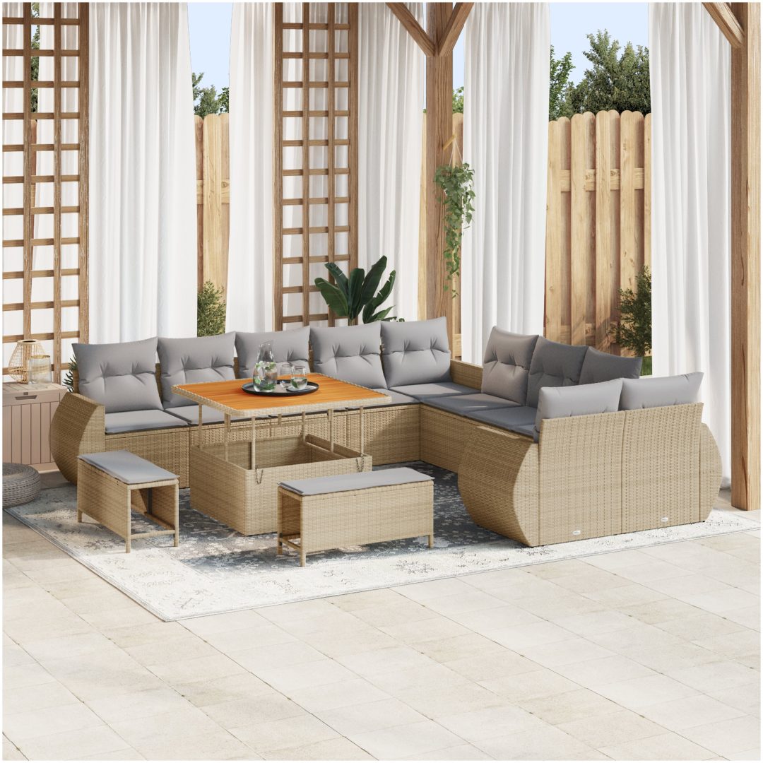 13 Delars Trädgårdsofa Set med Kuddar Beige Poly Rattan Akacia vidaXL Stor