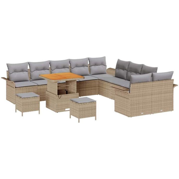 13-delars trädgårdsofabordset med kuddar Beige Poly Rattan Akacia vidaXL Stor – bild 2