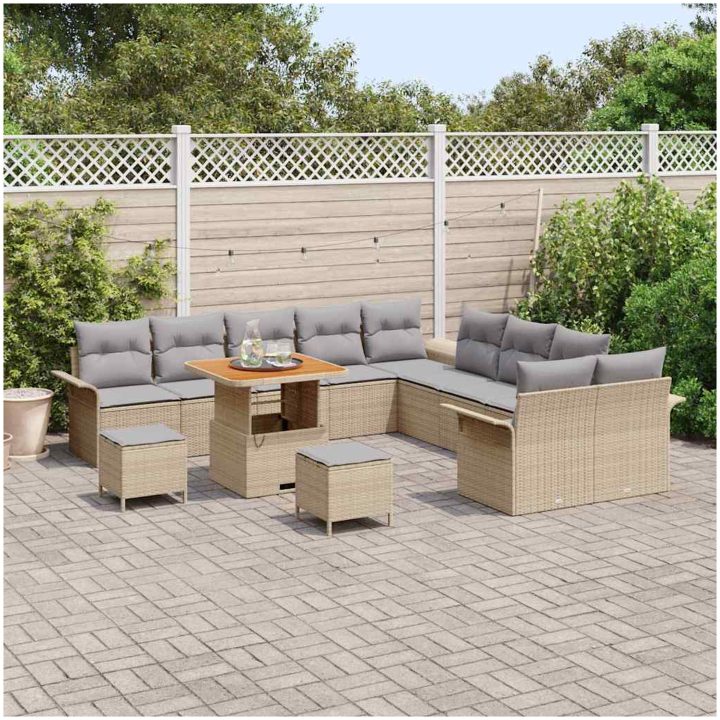 13-delars trädgårdsofabordset med kuddar Beige Poly Rattan Akacia vidaXL Stor – bild 3