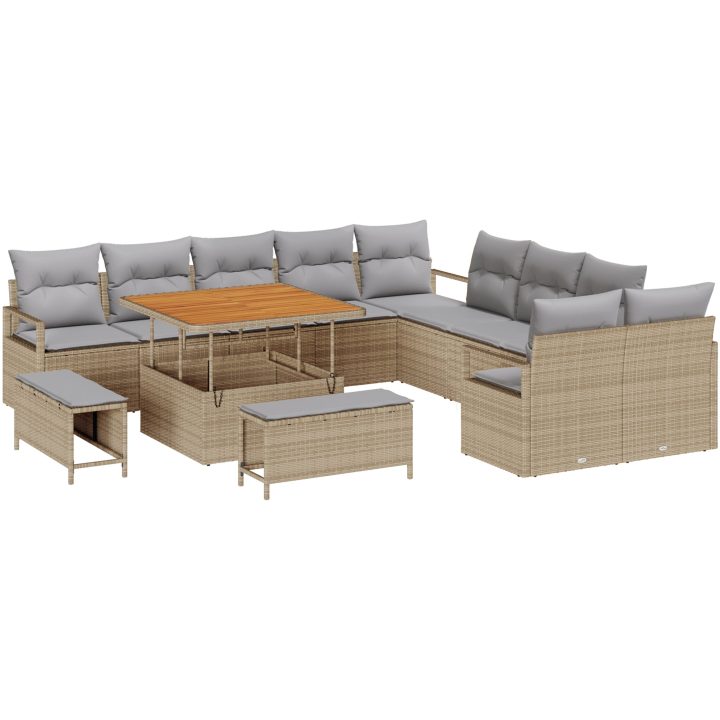 13-delars trädgårdsoff-set med kuddar beige poly rattan akacia vidaXL Stor – bild 2
