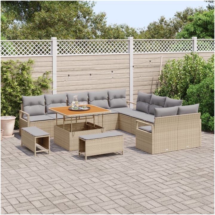 13-delars trädgårdsoff-set med kuddar beige poly rattan akacia vidaXL Stor – bild 3