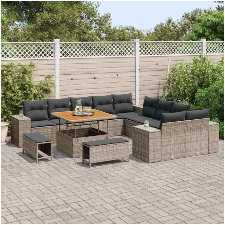 13-delars Trädgårdsoff SET med Kuddar Grå Poly Rattan Akacia vidaXL Stor – bild 3
