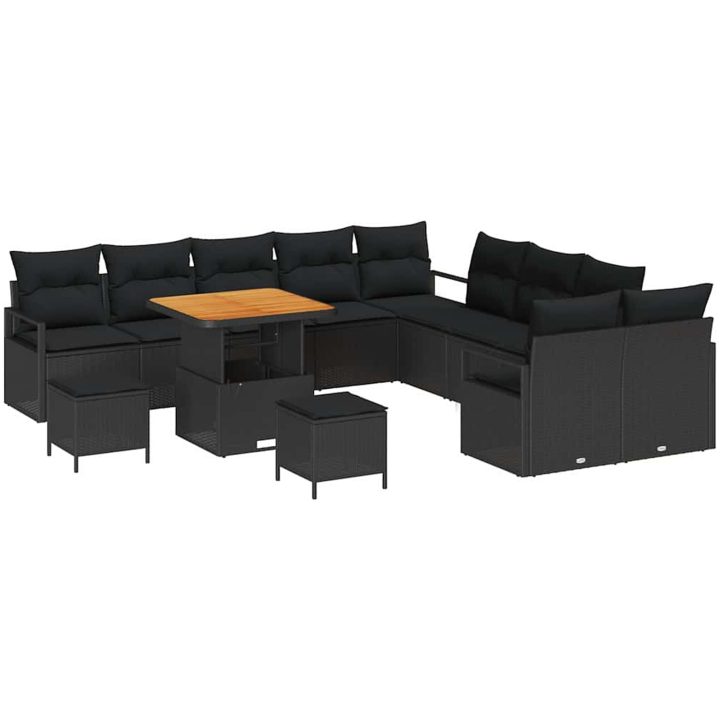 13-delars trädgårdsoff set med kuddar Svart Poly Rattan Acacia vidaXL Rymmer 5 personer – bild 2