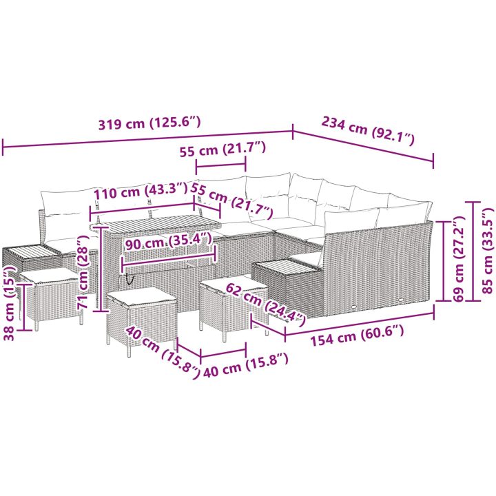13-delars Trädgårdsoff-set med Kuddar Svart Poly Rattan Akacia vidaXL Medium – bild 11
