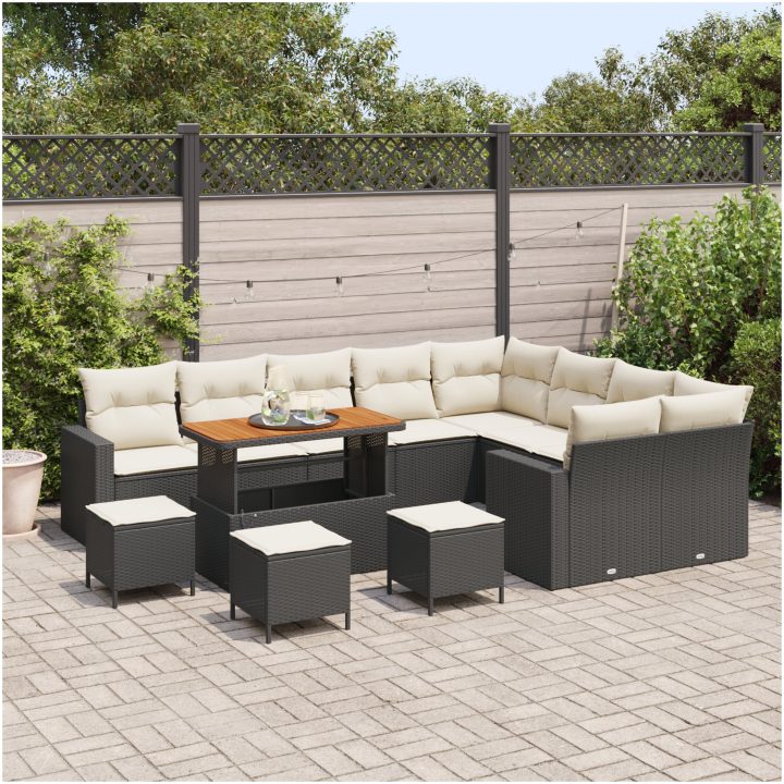 13-delars trädgårdsoff set med kuddar Svart Poly Rattan Akacia vidaXL Stor – bild 3