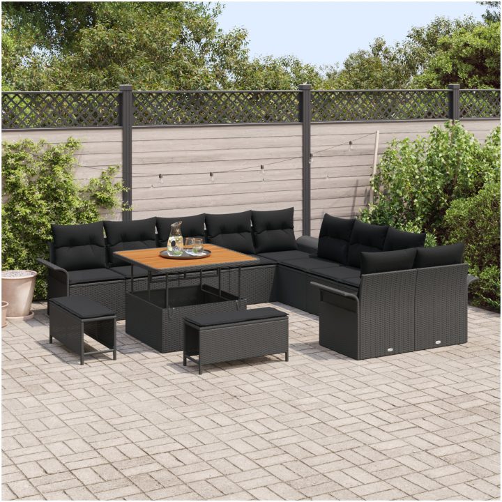 13 delars trädgårdsoff set med kuddar svart poly Rattan akacia vidaXL Stor – bild 3